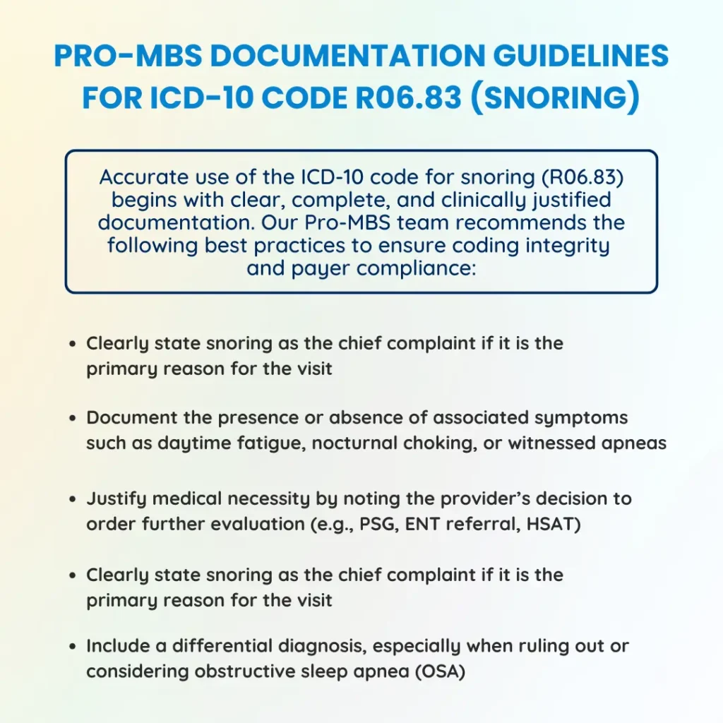 Pro-MBS Documentation Guidelines for ICD-10 Code R06.83 (Snoring)