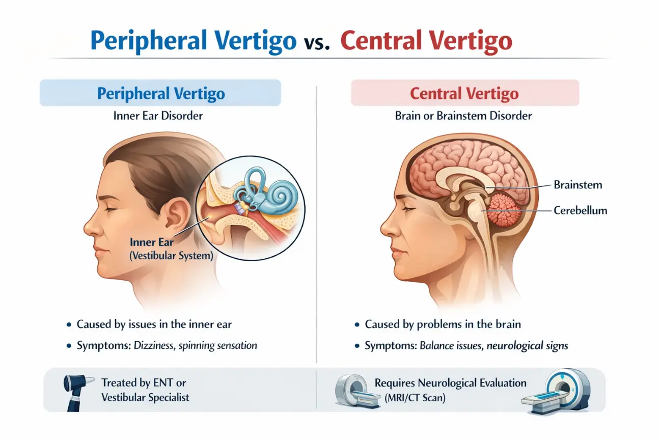Medical diagram comparing Peripheral and Central Vertigo origins